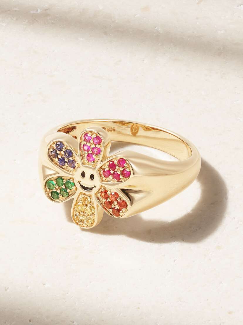 Sydney Evan Daisy Happy Face 1-karat Gold Multi-stone Signet Ring