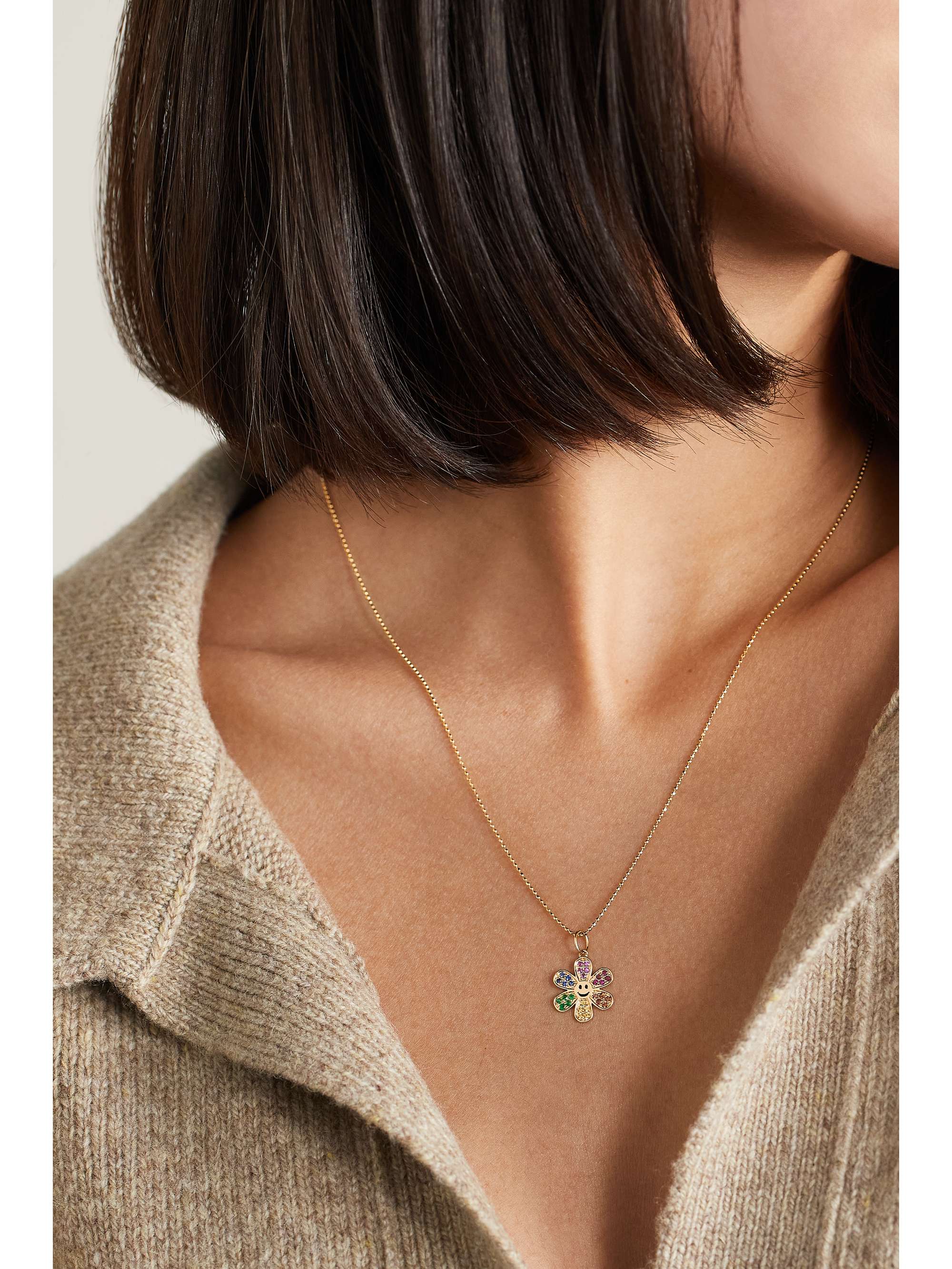 SYDNEY EVAN Daisy Happy Face 14-karat gold sapphire necklace
