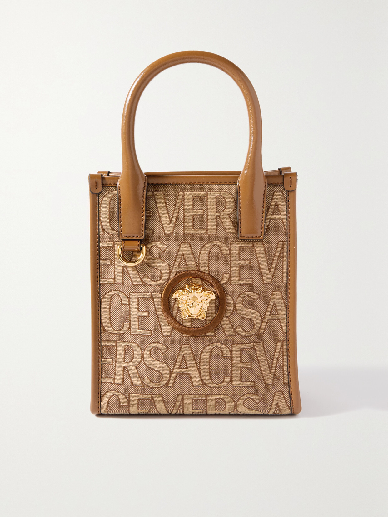 Versace - Mini Embellished Leather-trimmed Canvas-jacquard Tote - Neutrals