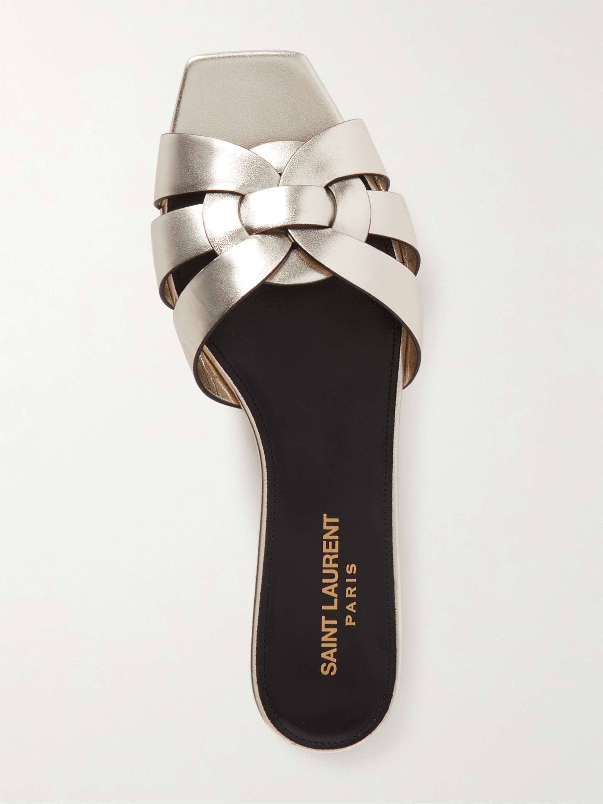 SAINT LAURENT Tribute woven metallic leather slides | NET-A-PORTER