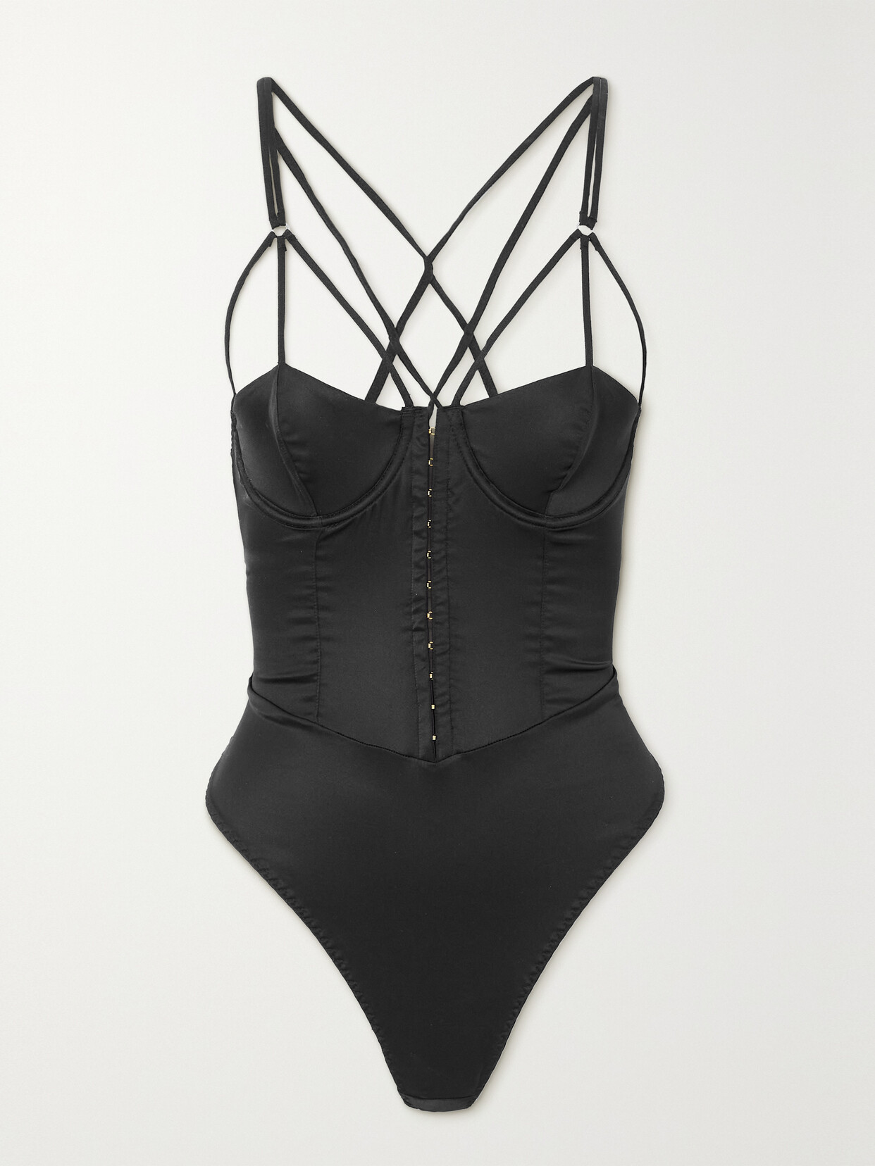 Coco de Mer - Sylph Cutout Silk-blend Satin Underwired Thong Bodysuit - Black