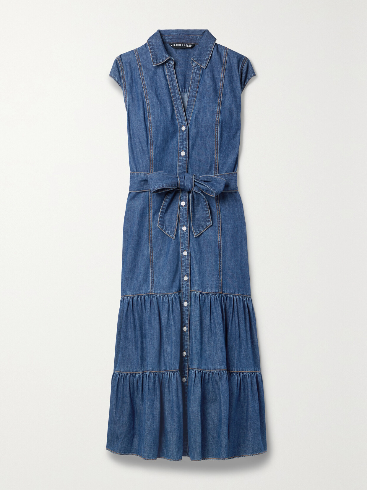 VERONICA BEARD ARNETTA BELTED TIERED DENIM MIDI DRESS