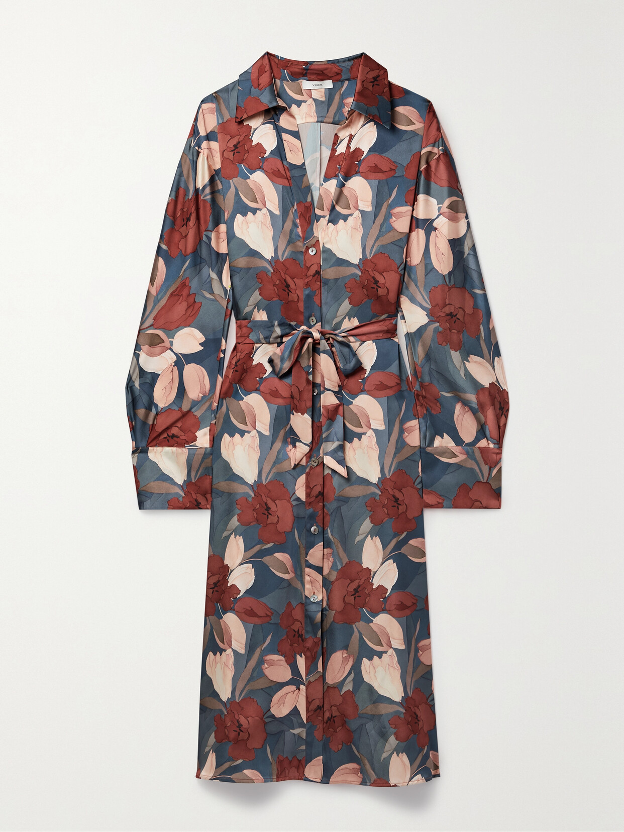 Vince - Nouveau Floral-print Belted Charmeuse Midi Shirt Dress - Multi