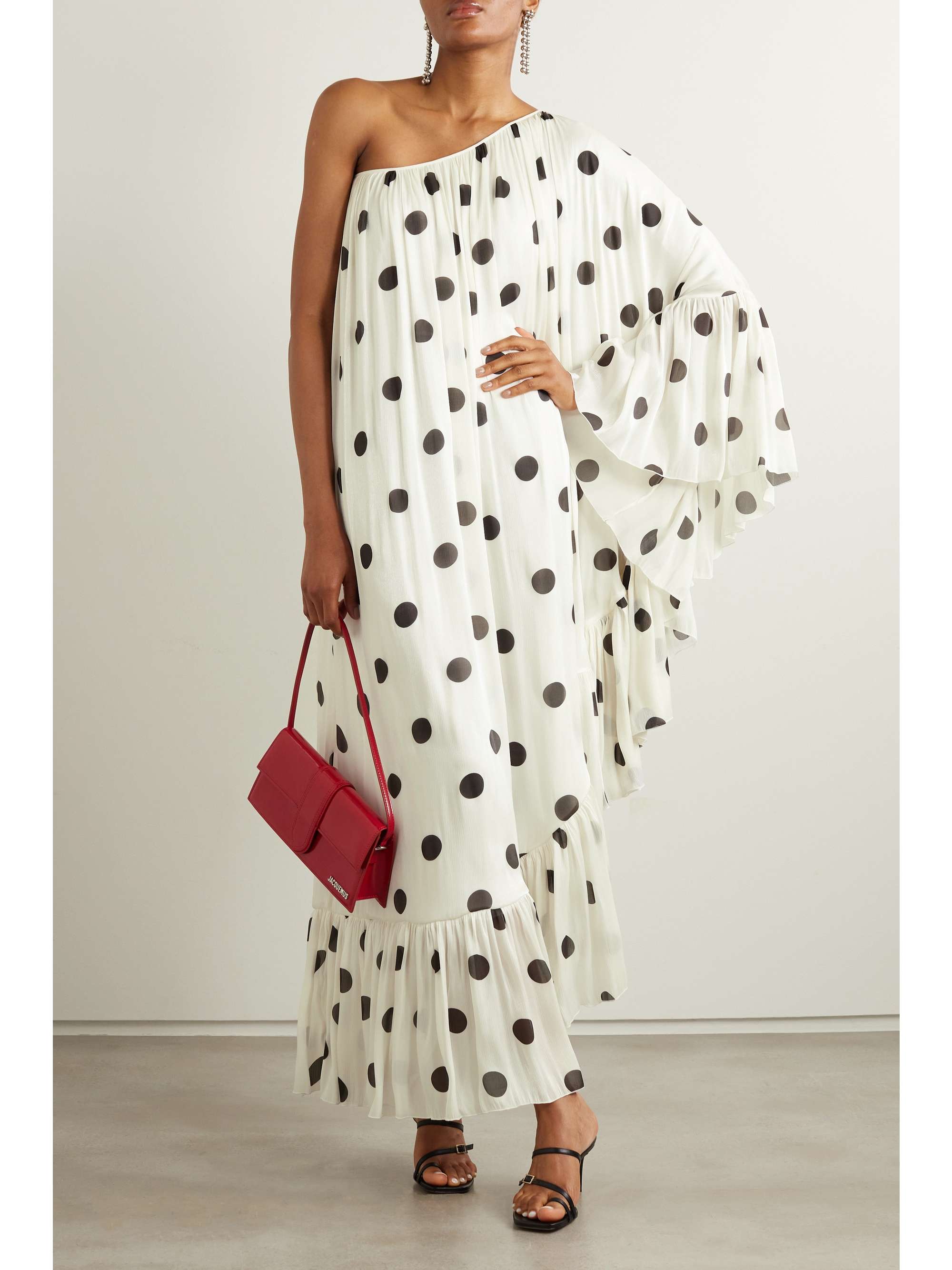 HALPERN One-sleeve ruffled polka-dot crepon kaftan