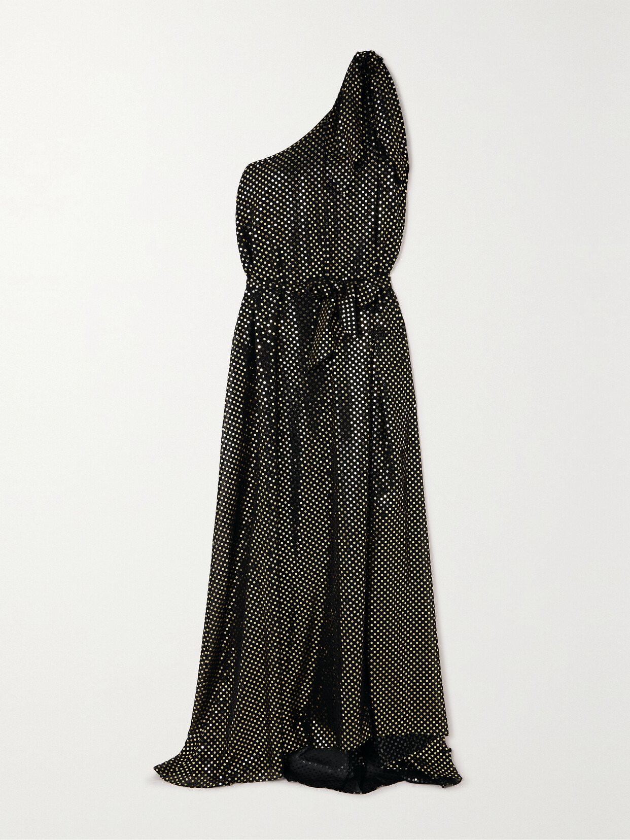 Halpern - One-shoulder Bow-detailed Metallic Polka-dot Chiffon Gown - Black