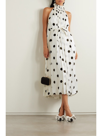 HALPERN Open-back ruffled bow-detailed polka-dot crepon halterneck midi dress