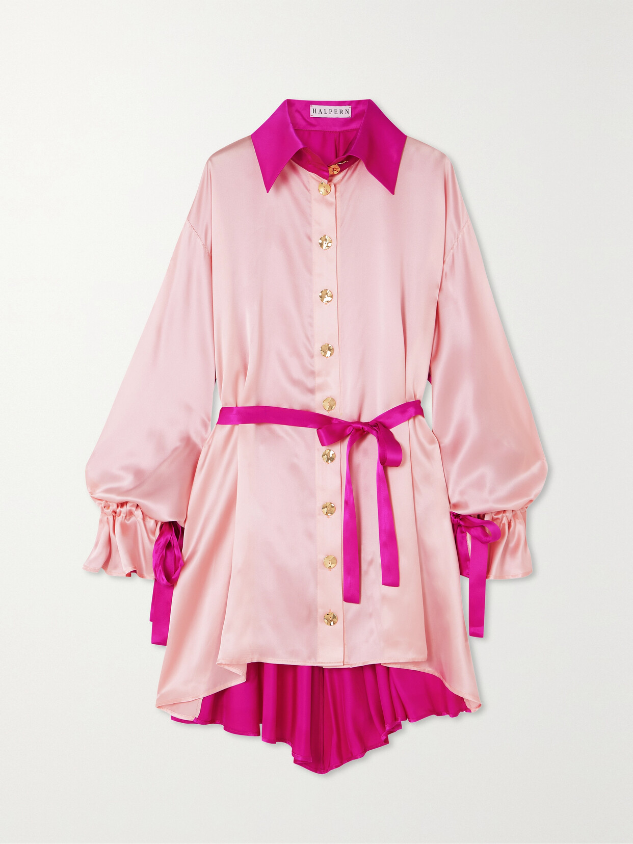 Halpern Belted Bow-detailed Two-tone Silk-satin Mini Shirt Dress - Pink