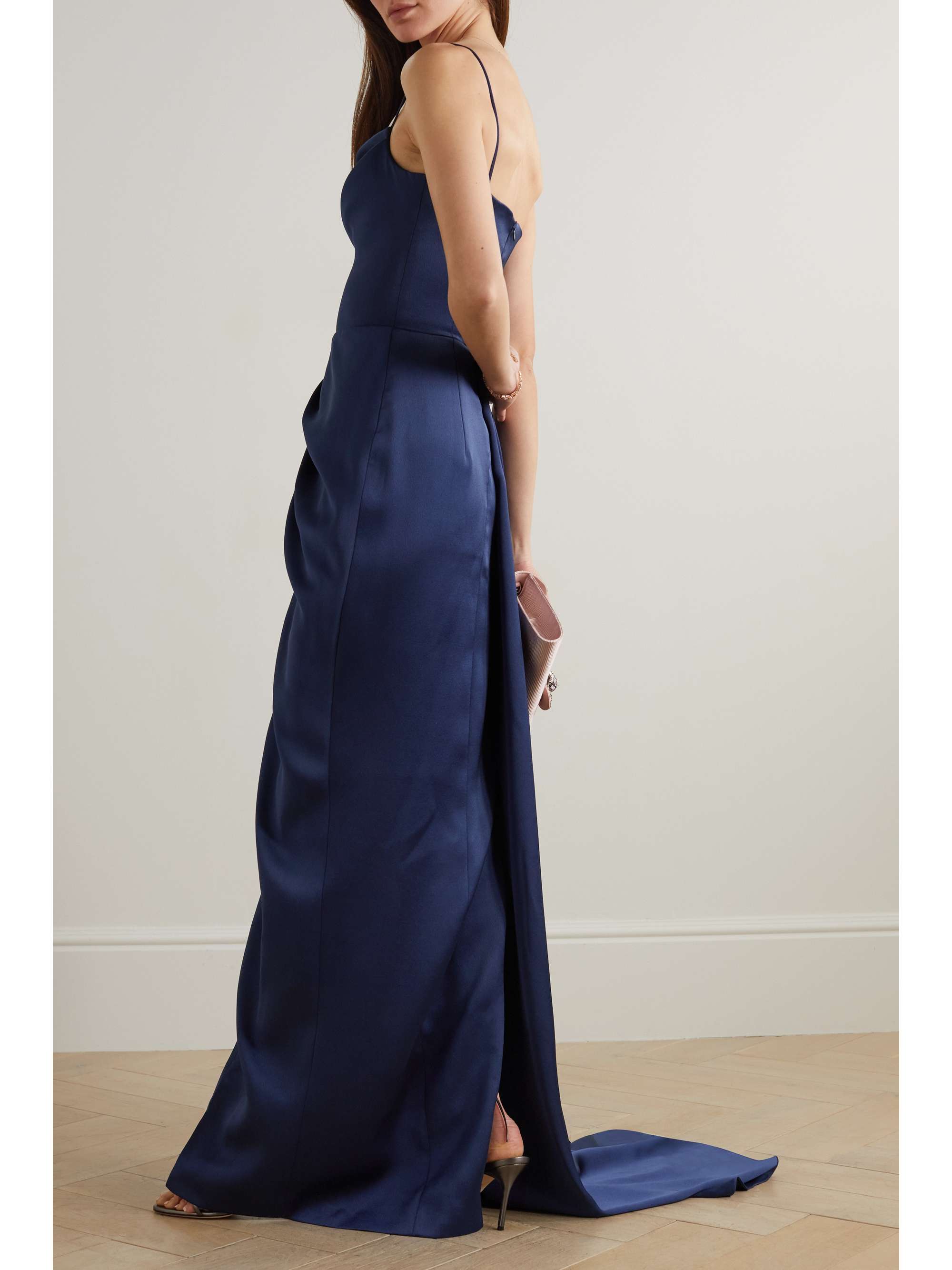 RASARIO Asymmetric gathered satin-crepe gown