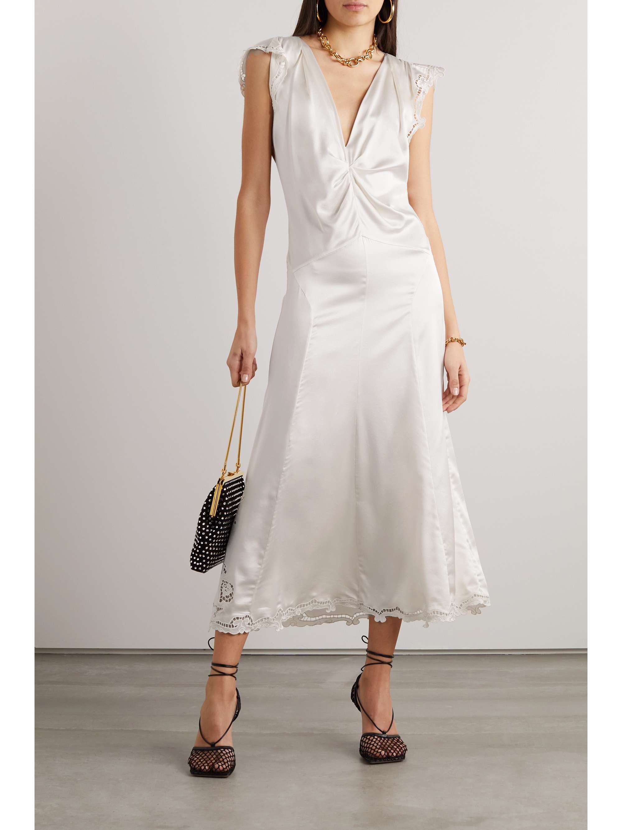 ISABEL MARANT Jordina gathered guipure lace-trimmed silk-satin midi dress