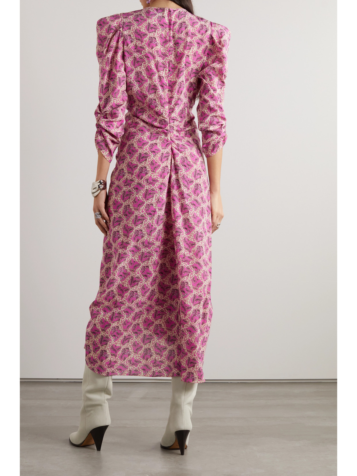Isabel Marant Albini Gathered Printed Silk-blend Midi Dress In Pink