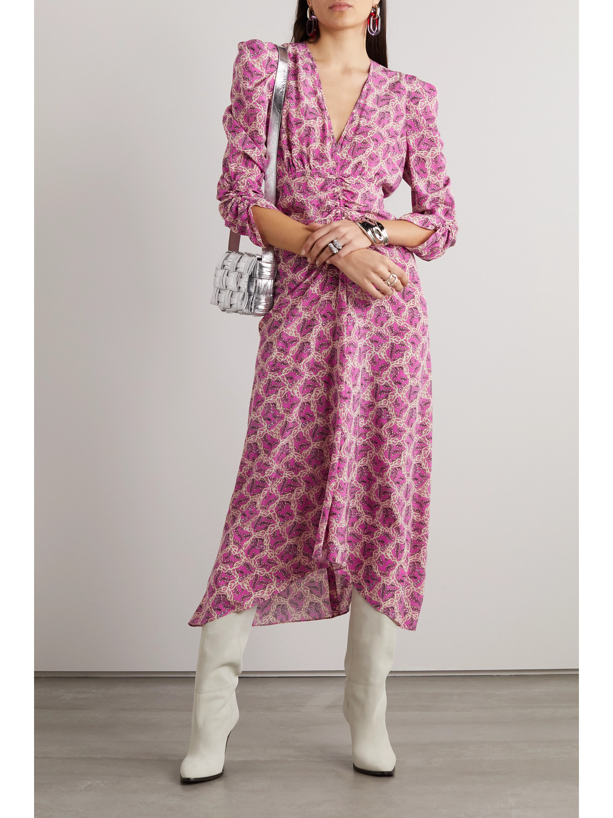 Isabel Marant Albini Gathered Printed Silk-blend Midi Dress In Pink
