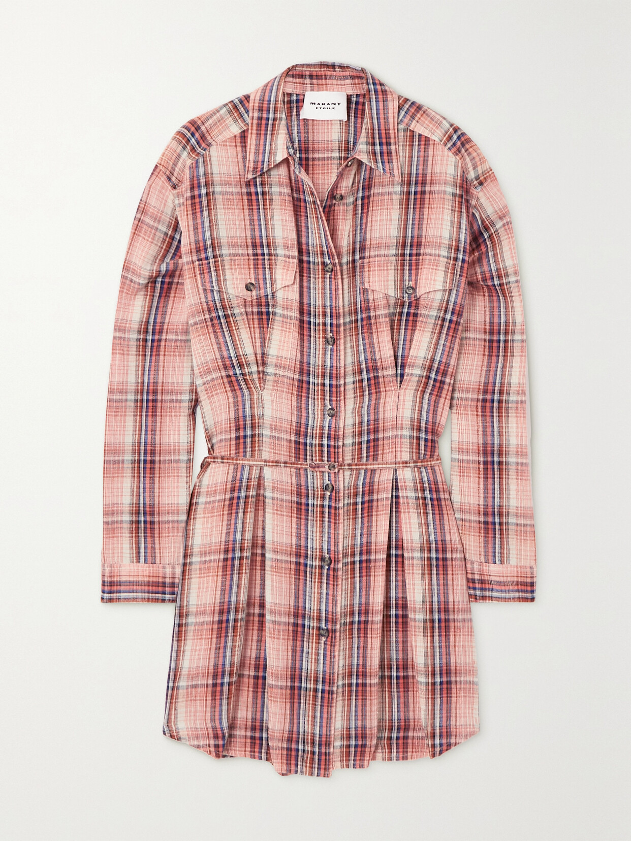 Marant Étoile Liliane Belted Checked Cotton And Linen-blend Mini Shirt Dress - Orange