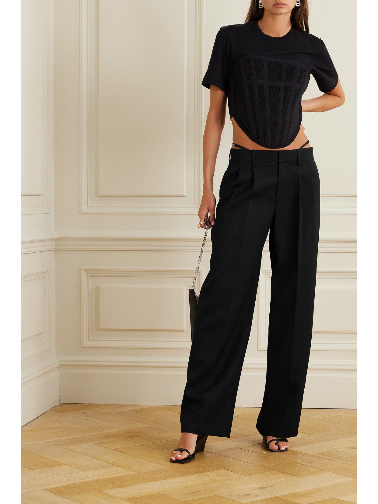Alexander Wang Crystal-embellished Wool-twill Wide-leg Pants In Black