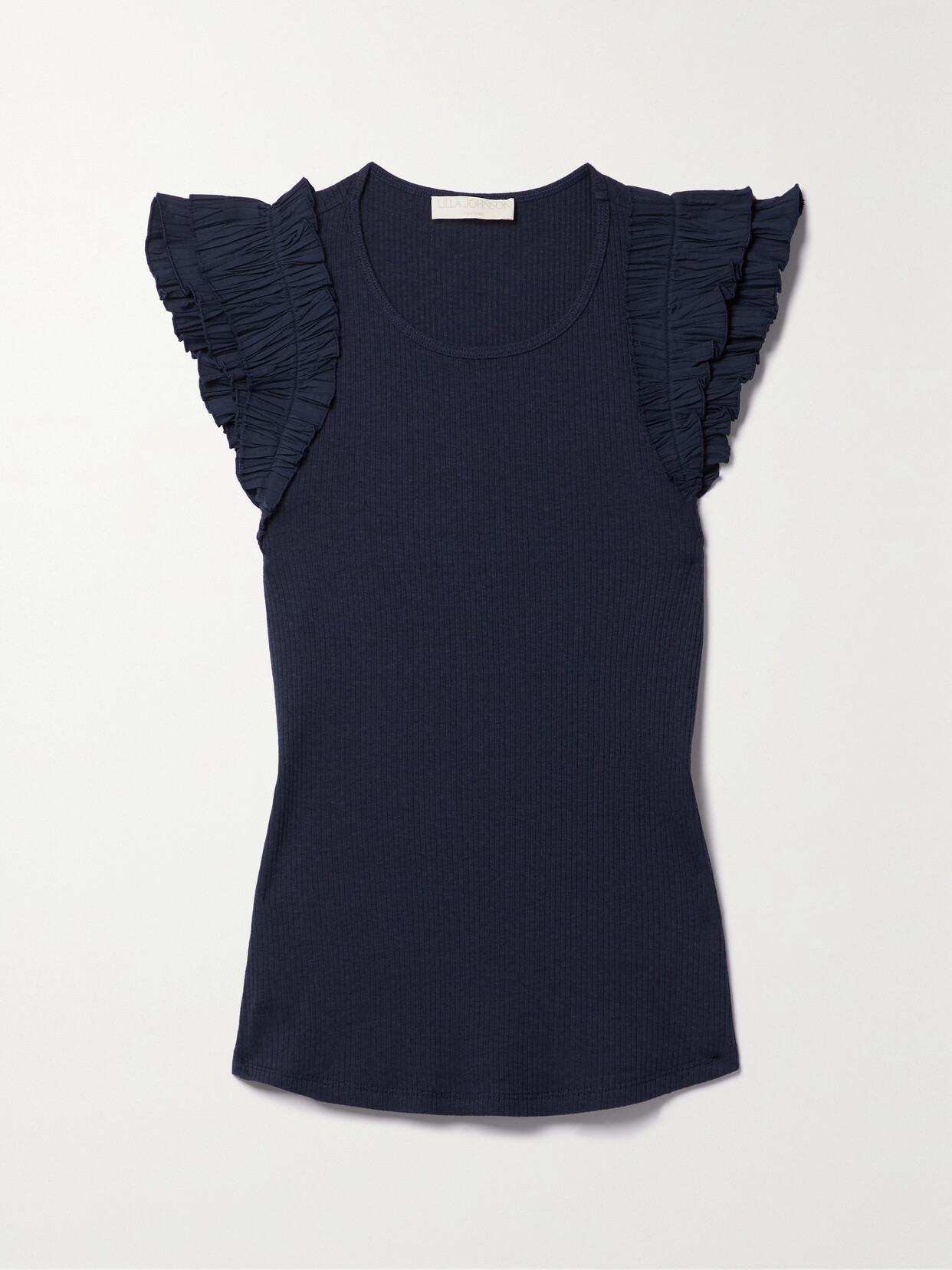 Ulla Johnson Lilo Ruffled Poplin-trimmed Ribbed Stretch-jersey Top - Blue