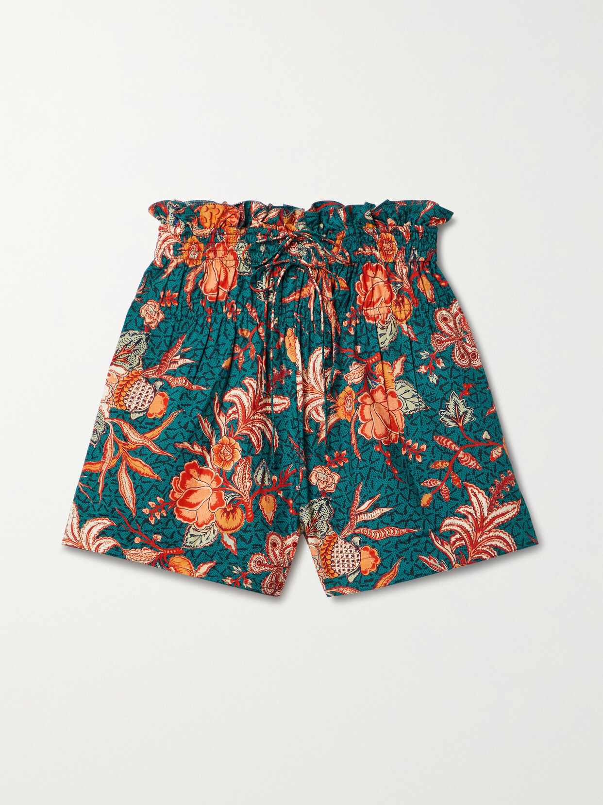 ULLA JOHNSON RYLAN RUFFLED GATHERED PRINTED COTTON-POPLIN SHORTS