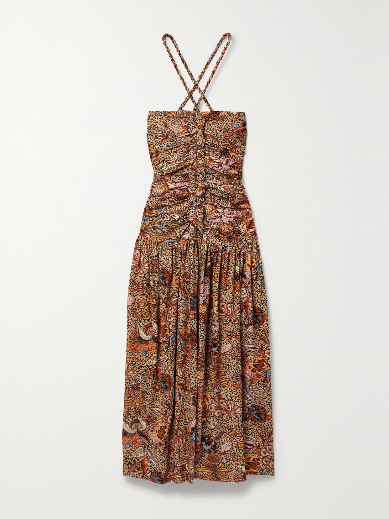 Ulla Johnson Marcella Ruched Printed Cotton-jersey Halterneck Midi Dress - Brown