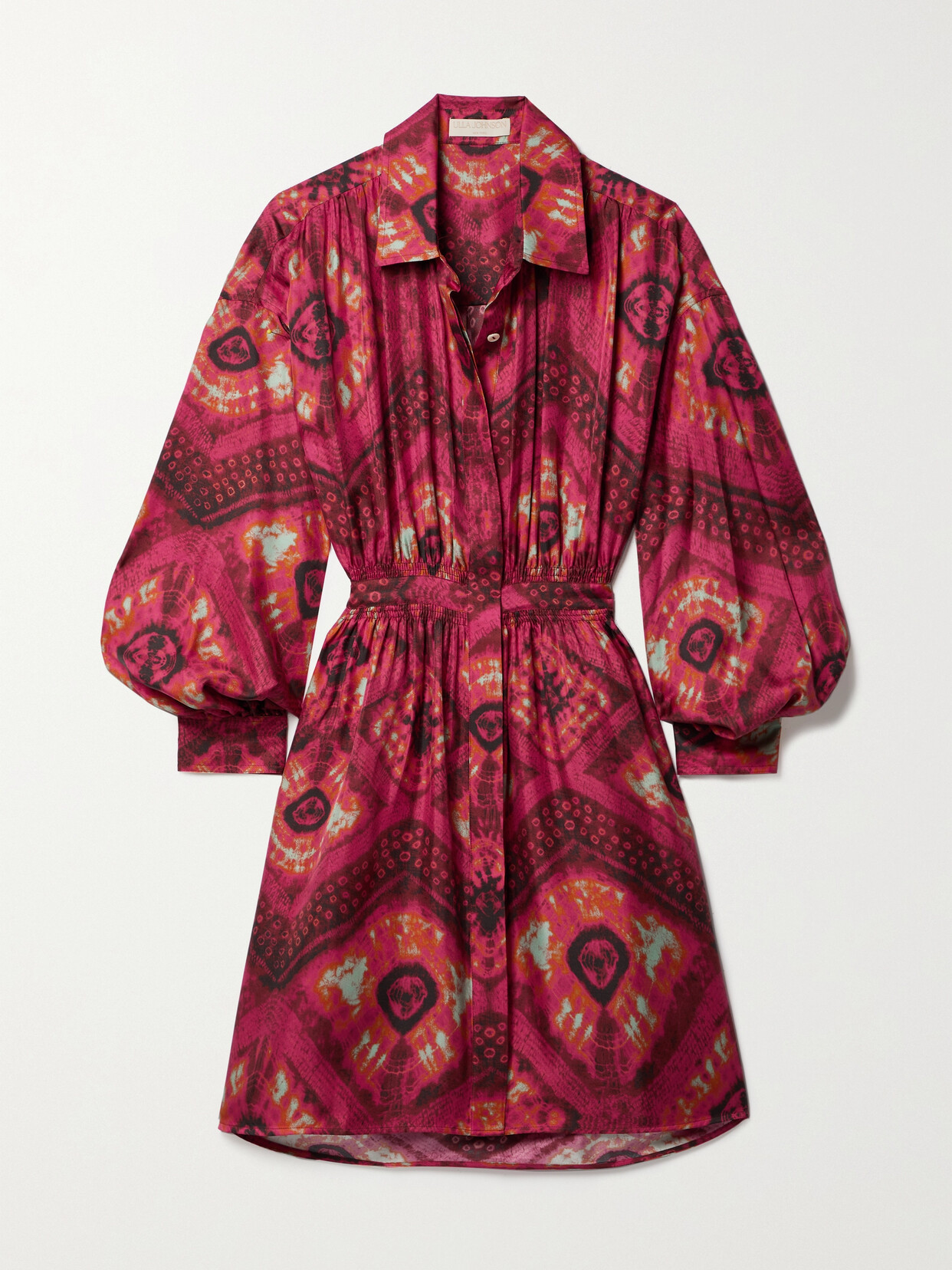 ULLA JOHNSON JUDE SHIRRED PRINTED SILK-TWILL MINI SHIRT DRESS