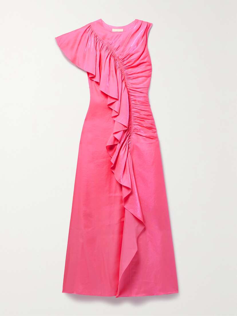 Ulla Johnson Lali Ruched Ruffled Metallic Chiffon Gown