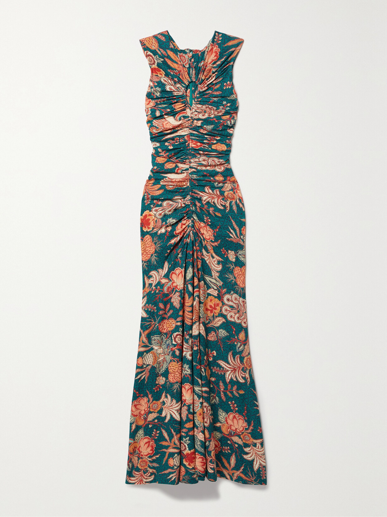 ULLA JOHNSON GWYNNE CUTOUT RUCHED PRINTED COTTON-JERSEY MAXI DRESS