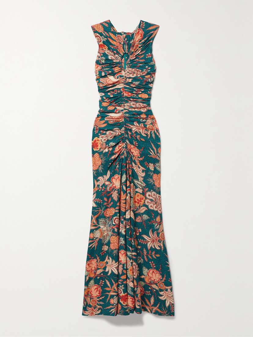 Ulla Johnson Gwynne Cutout Ruched Printed Cotton-jersey Maxi Dress
