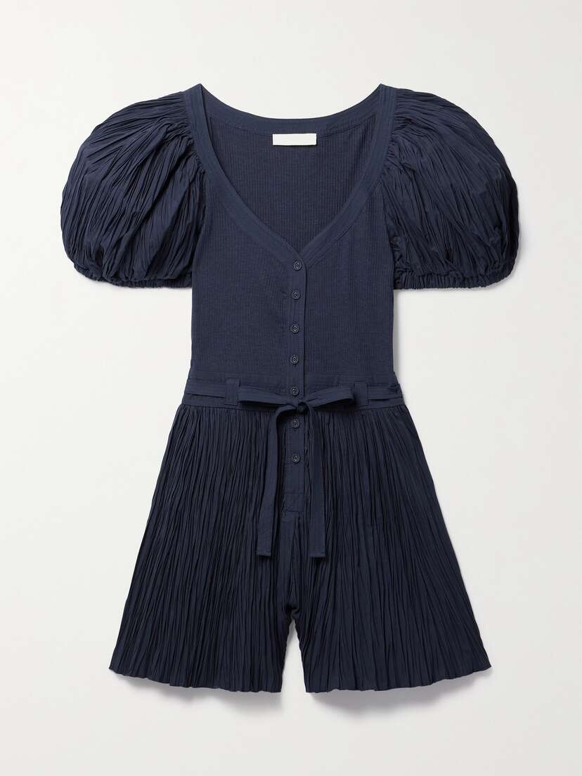 Ulla Johnson Vinny Belted Plissé-poplin And Ribbed-knit Playsuit