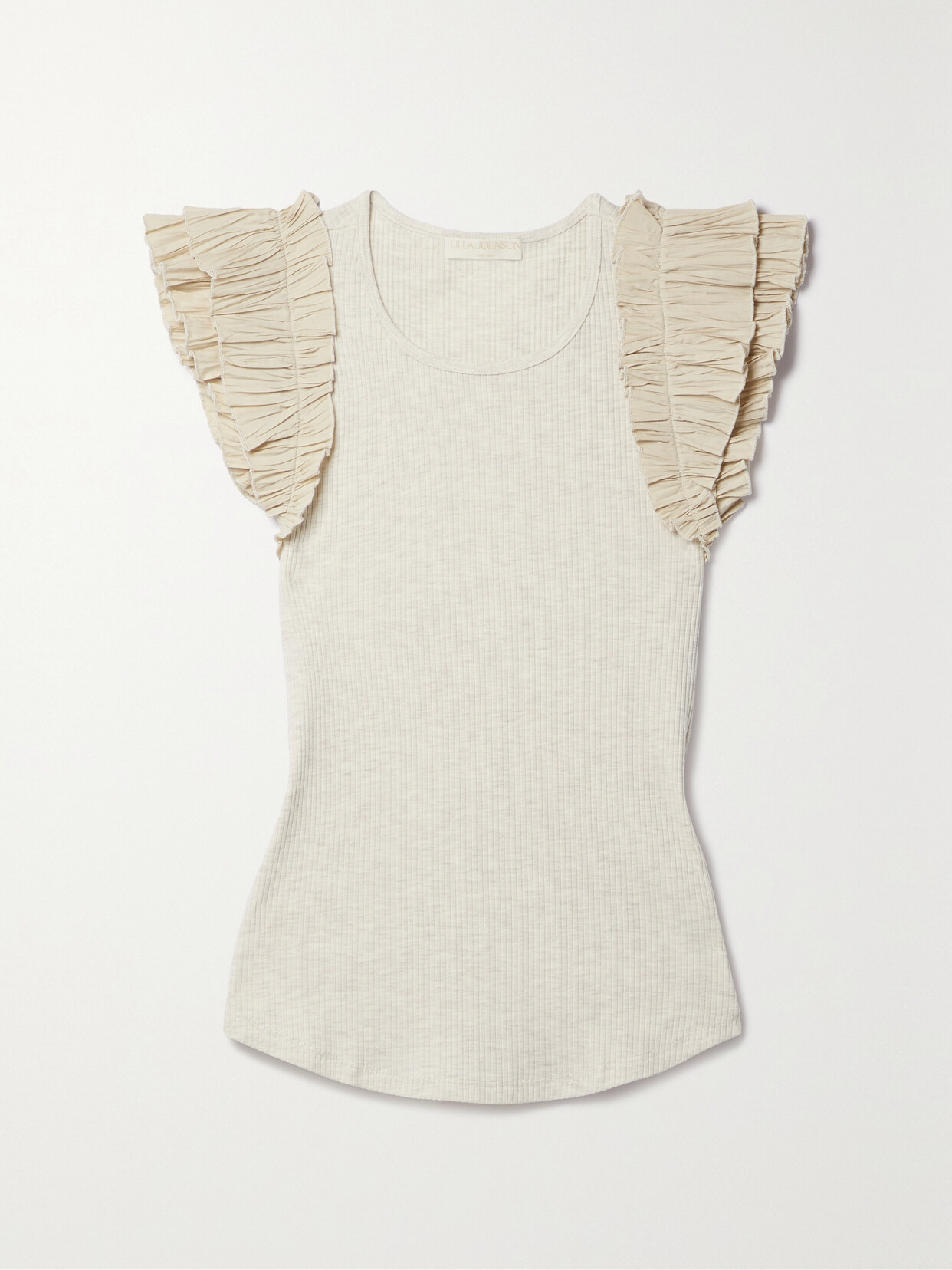Ulla Johnson Lilo Ruffled Poplin-trimmed Ribbed Stretch-jersey Top