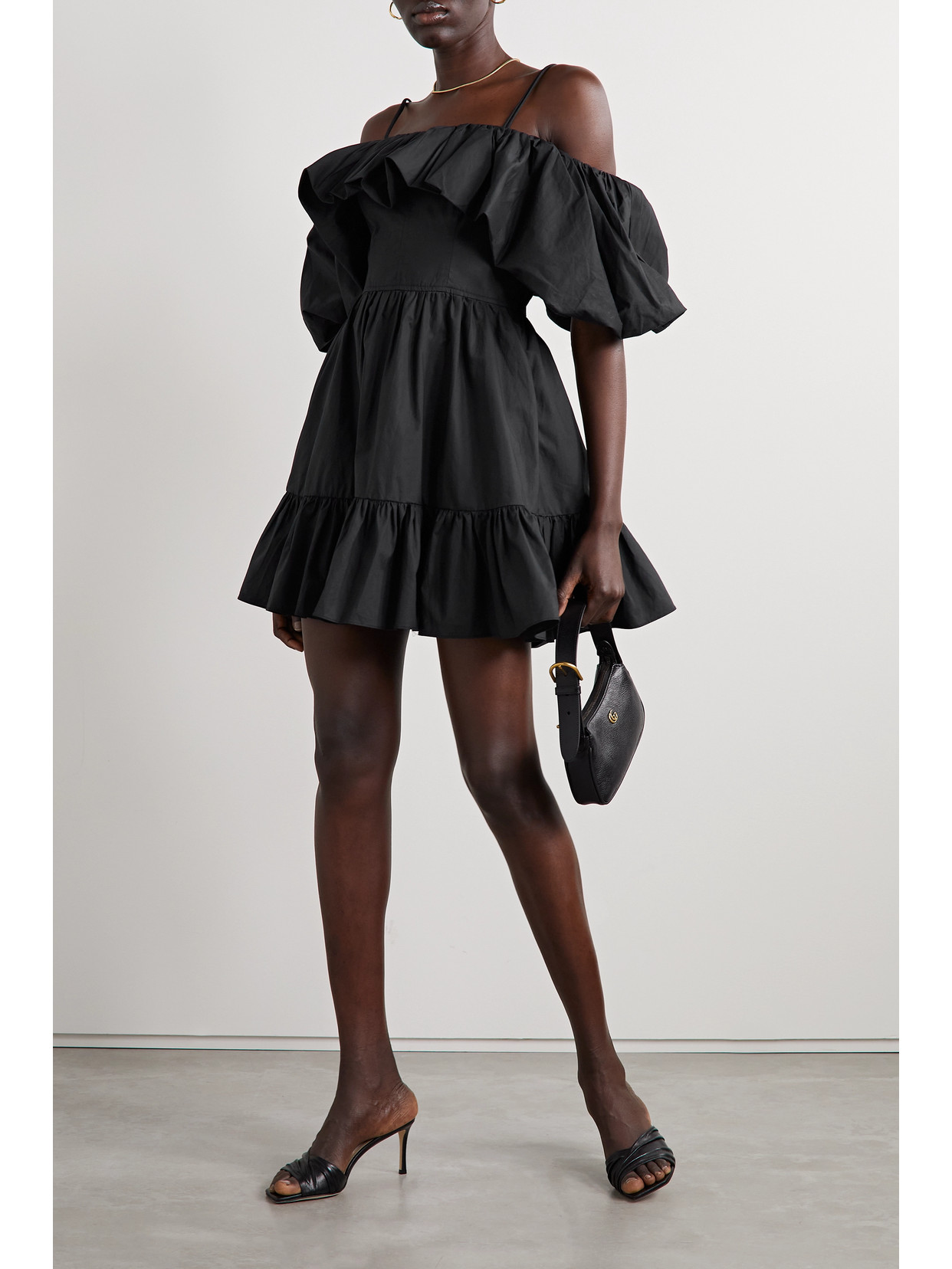 Shop Ulla Johnson Lila Cold-shoulder Ruffled Cotton-poplin Mini Dress In Black