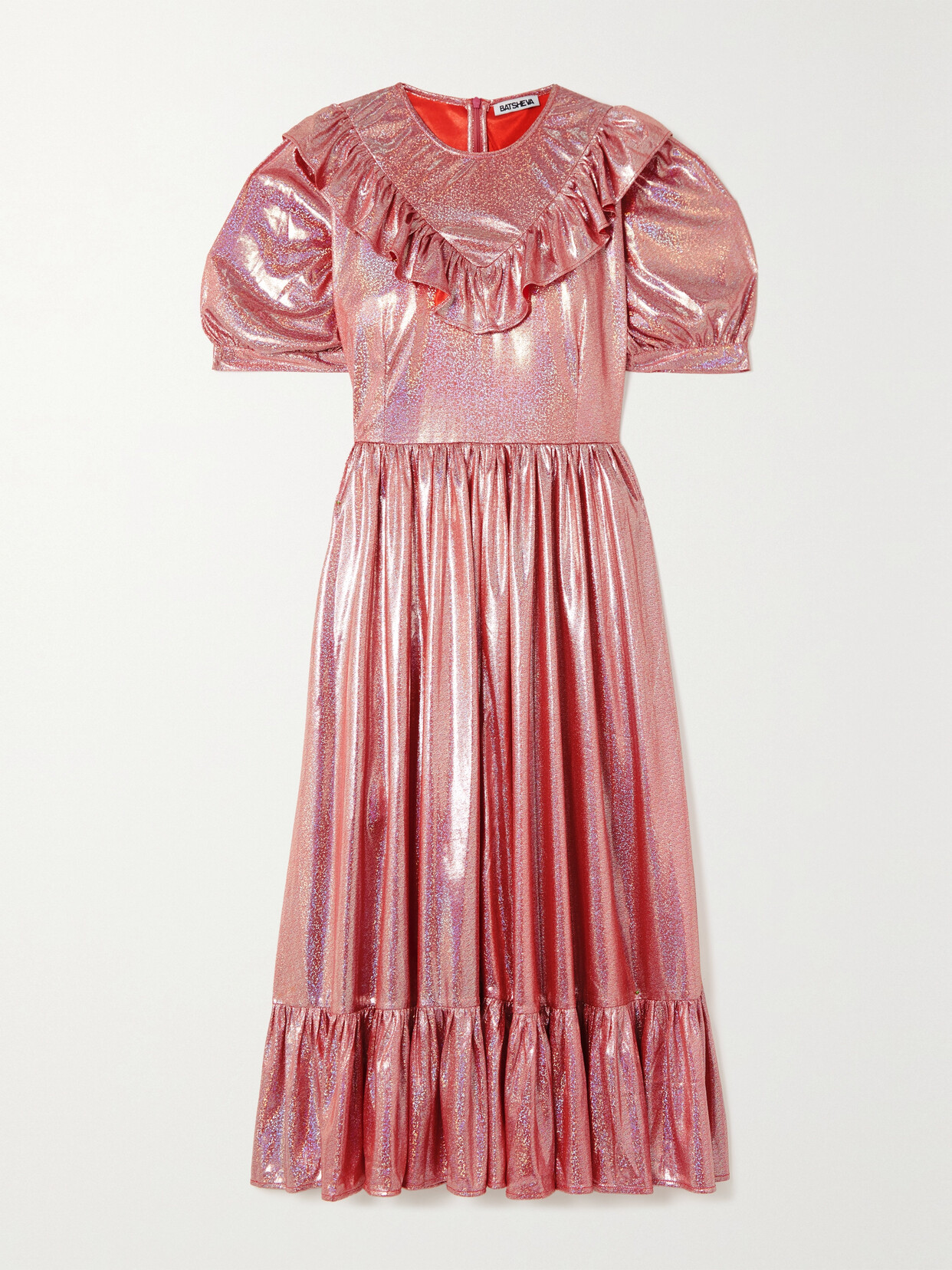 Batsheva May Ruffled Lamé Midi Dress In Pink