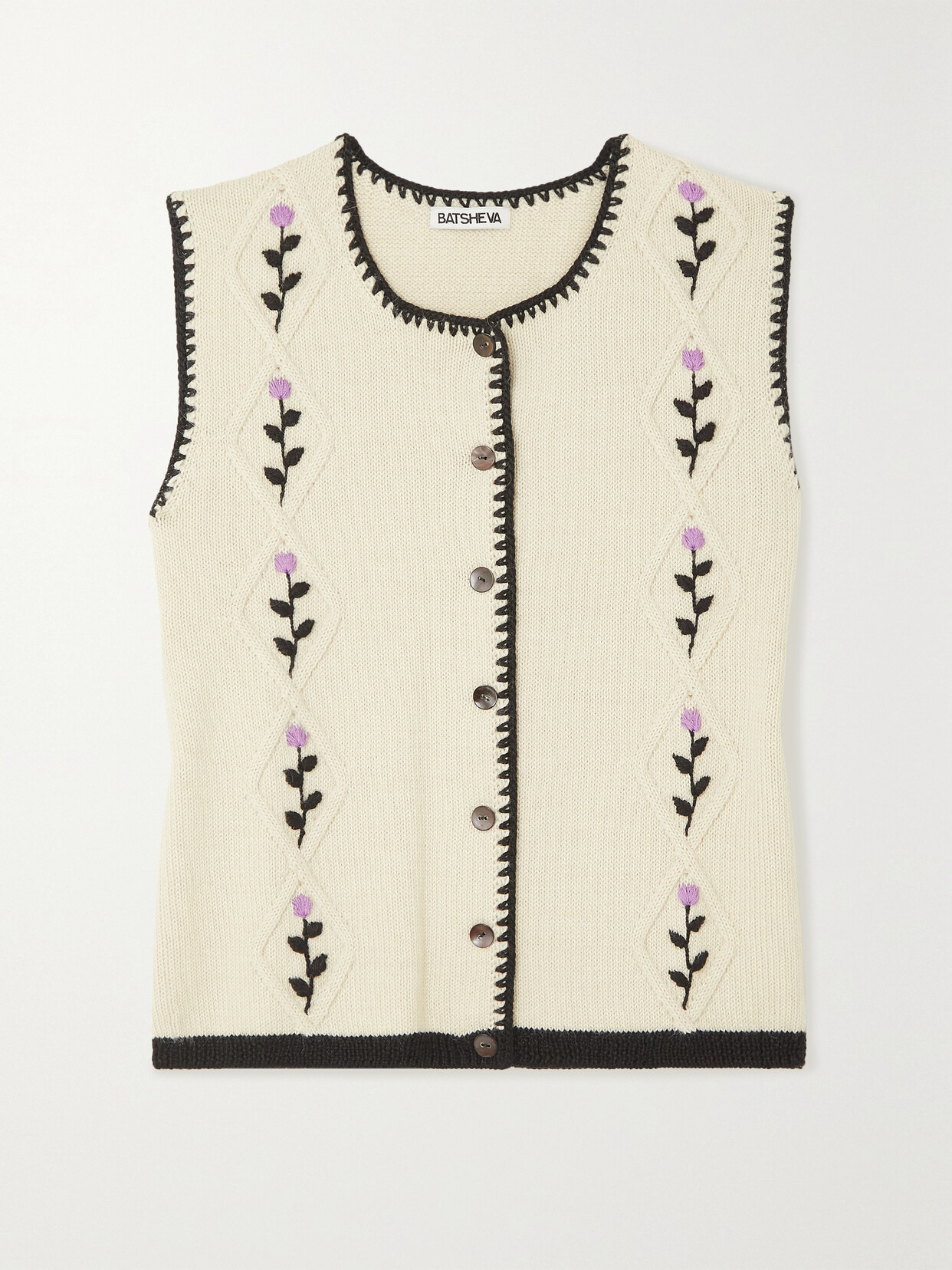Batsheva Blythe Whipstitched Embroidered Alpaca Vest - White