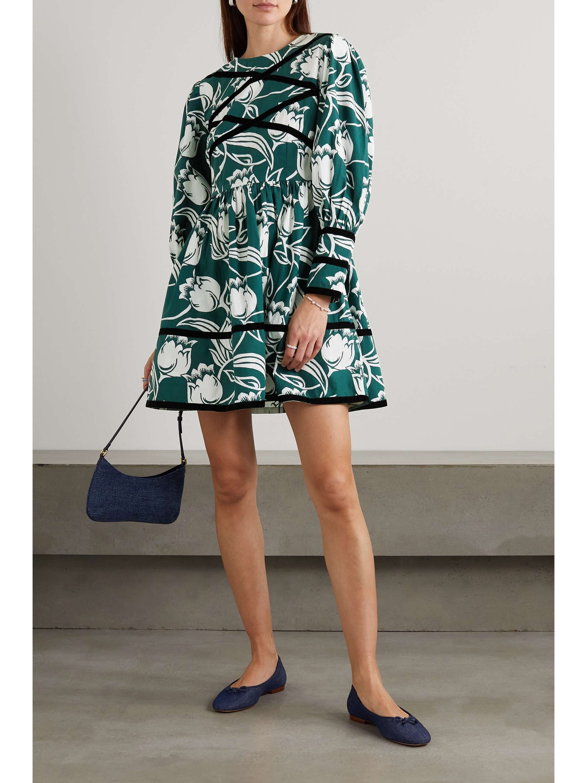 BATSHEVA Clemmie velvettrimmed floralprint cottonpoplin mini dress