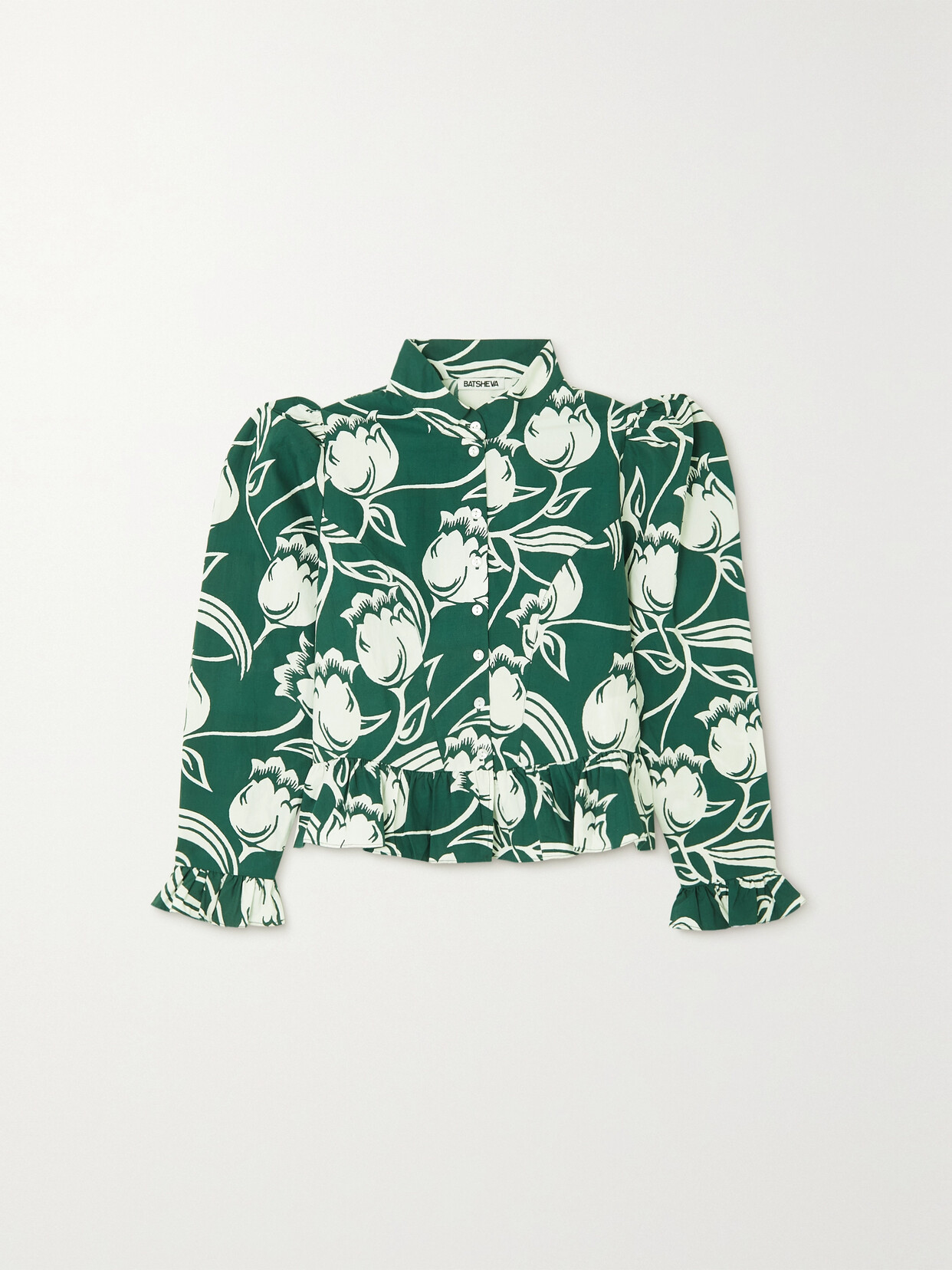 Batsheva - Grace Floral-print Ruffled Cotton-poplin Blouse - Green