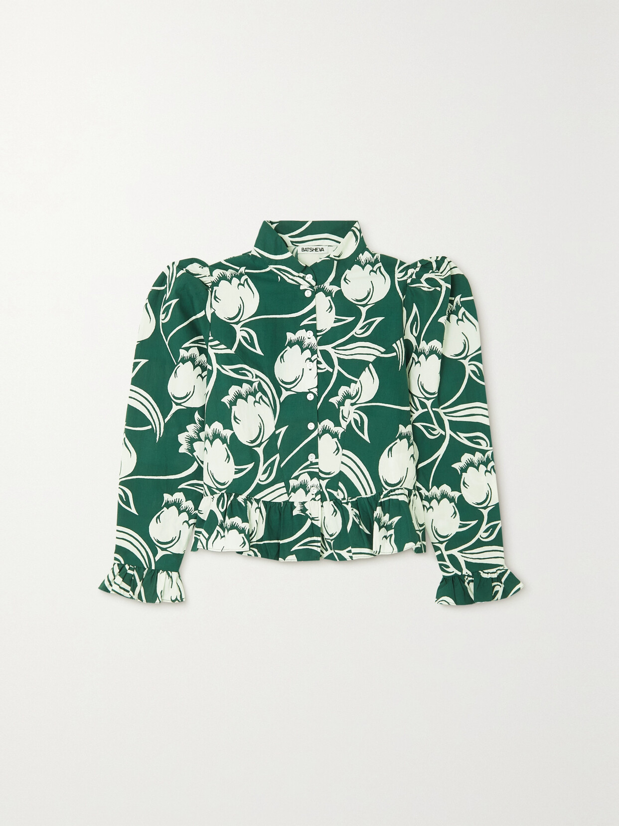 Batsheva - Grace Floral-print Ruffled Cotton-poplin Blouse - Green