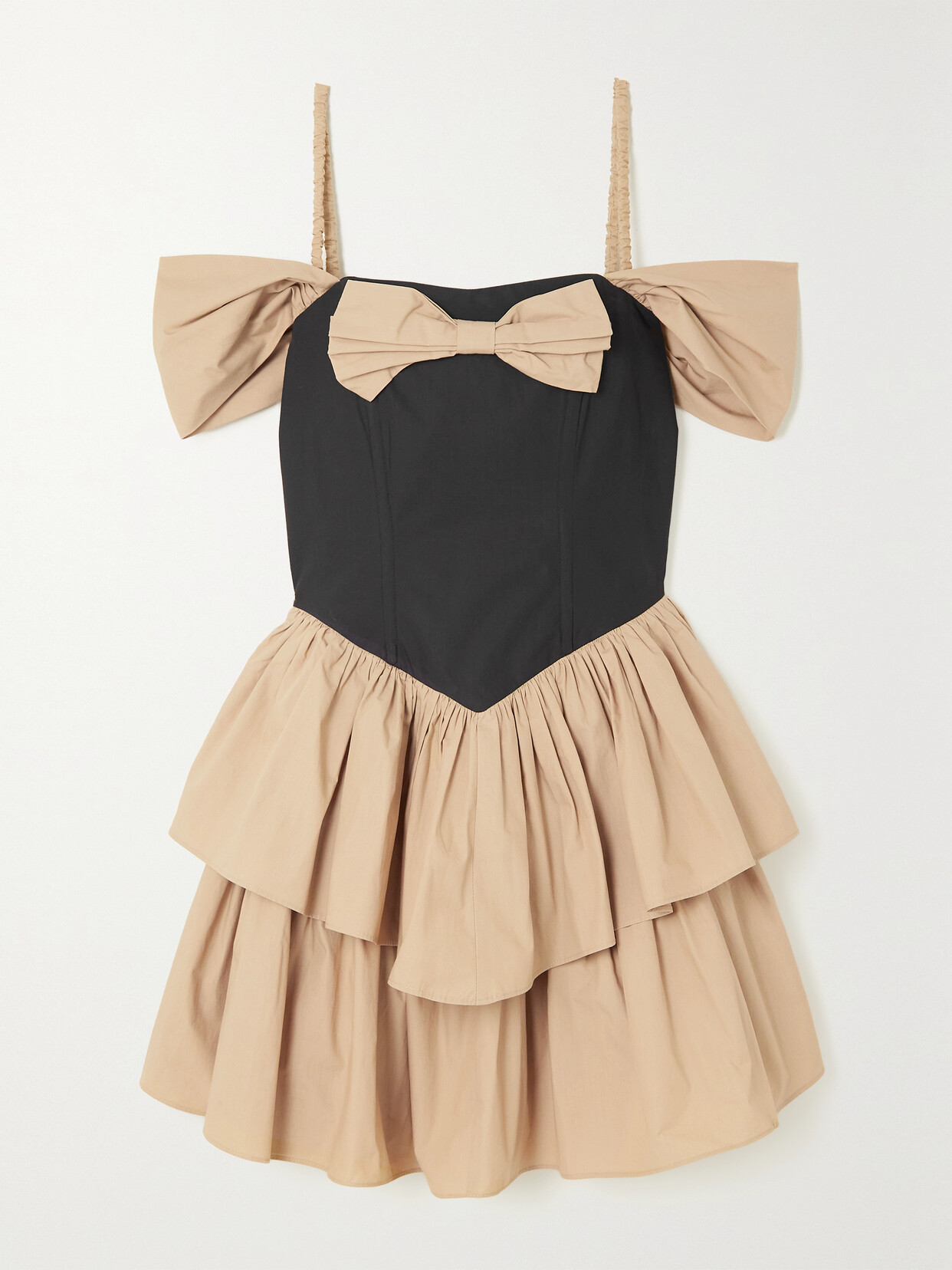 Batsheva Betty Cold-shoulder Tiered Cotton-poplin Mini Dress - Neutrals