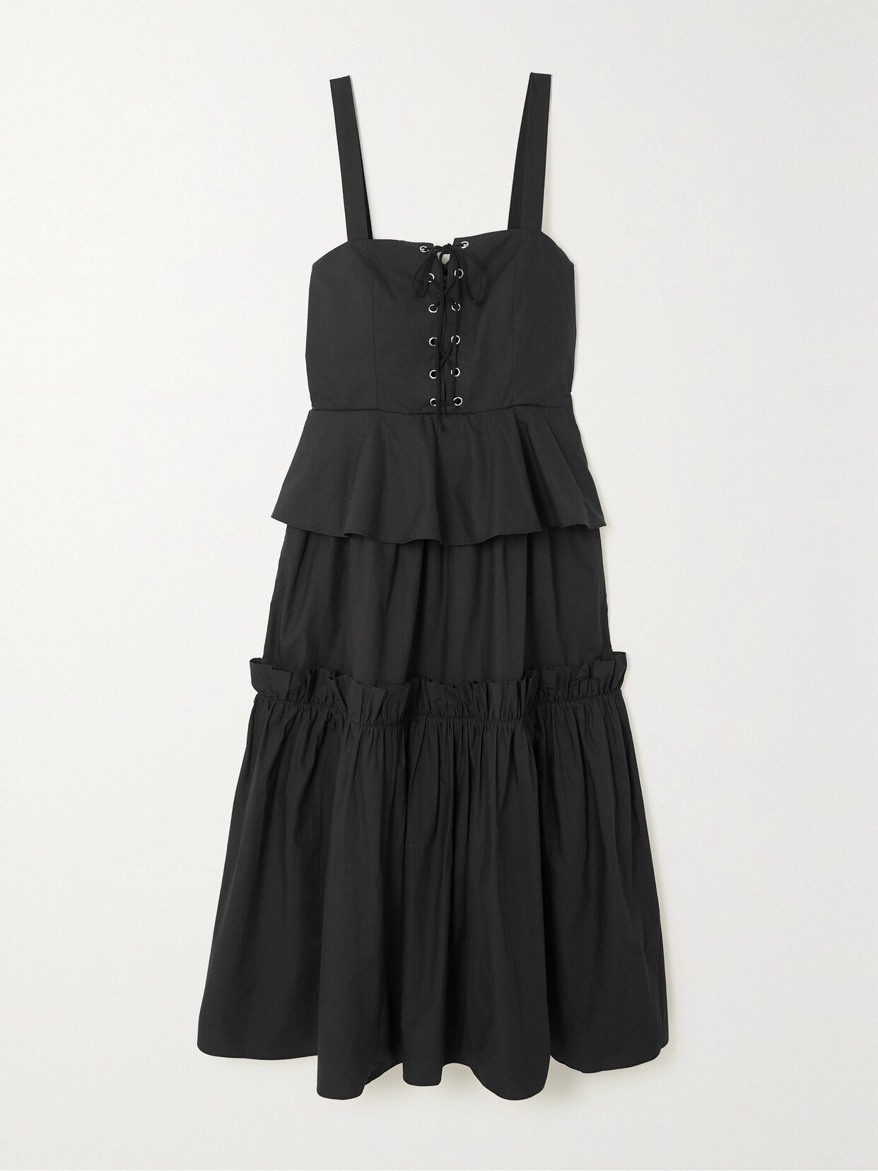 Batsheva Quinn Lace-up Ruffled Tiered Cotton-poplin Midi Dress - Black