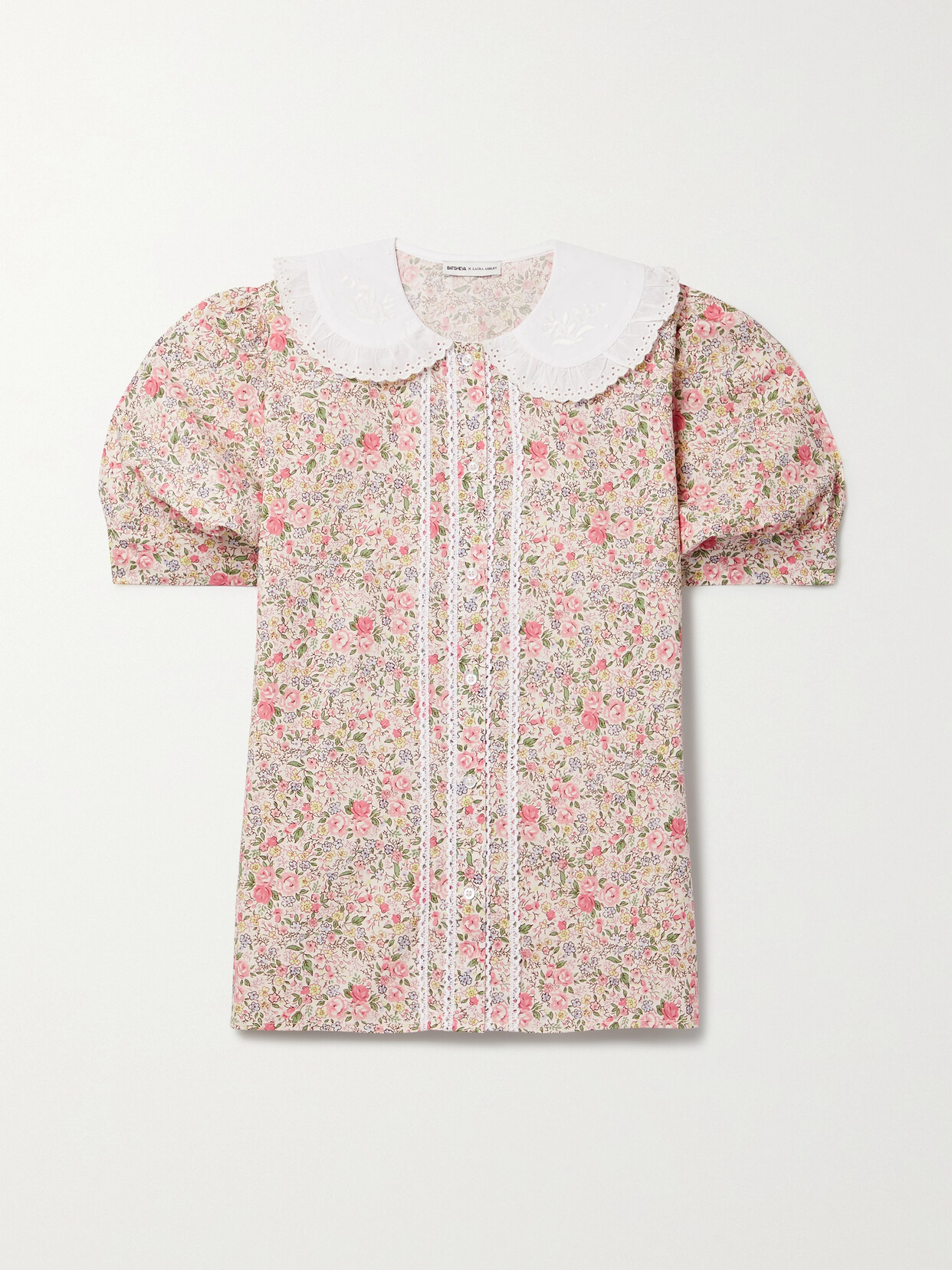 Batsheva - + Laura Ashley Sioned Embroidered Floral-print Cotton-poplin Blouse - Pink