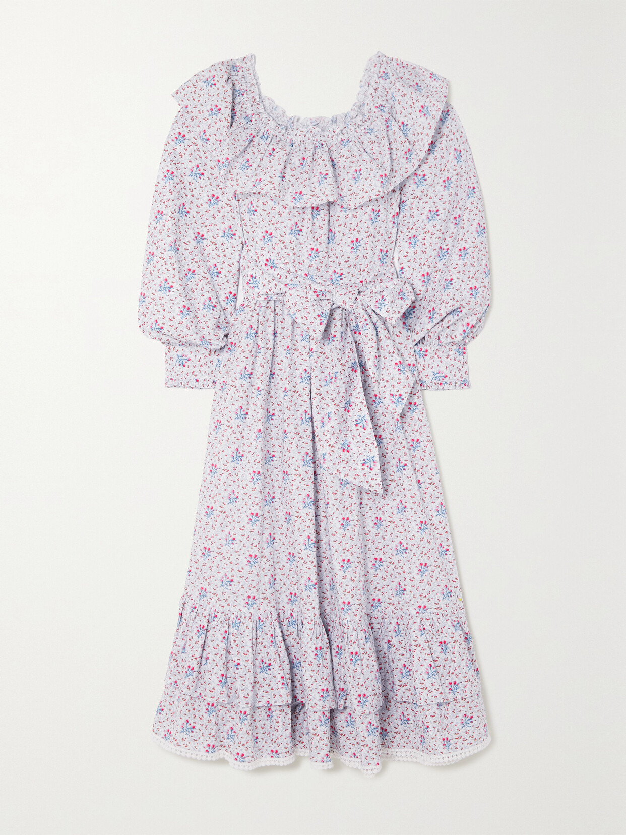 Batsheva - + Laura Ashley Wednesday Belted Ruffled Tiered Floral-print Cotton-poplin Midi Dress - Blue