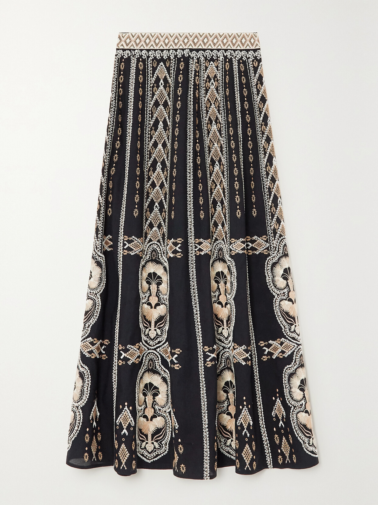Emporio Sirenuse Camille Embroidered Linen And Cotton-blend Maxi Skirt - Black