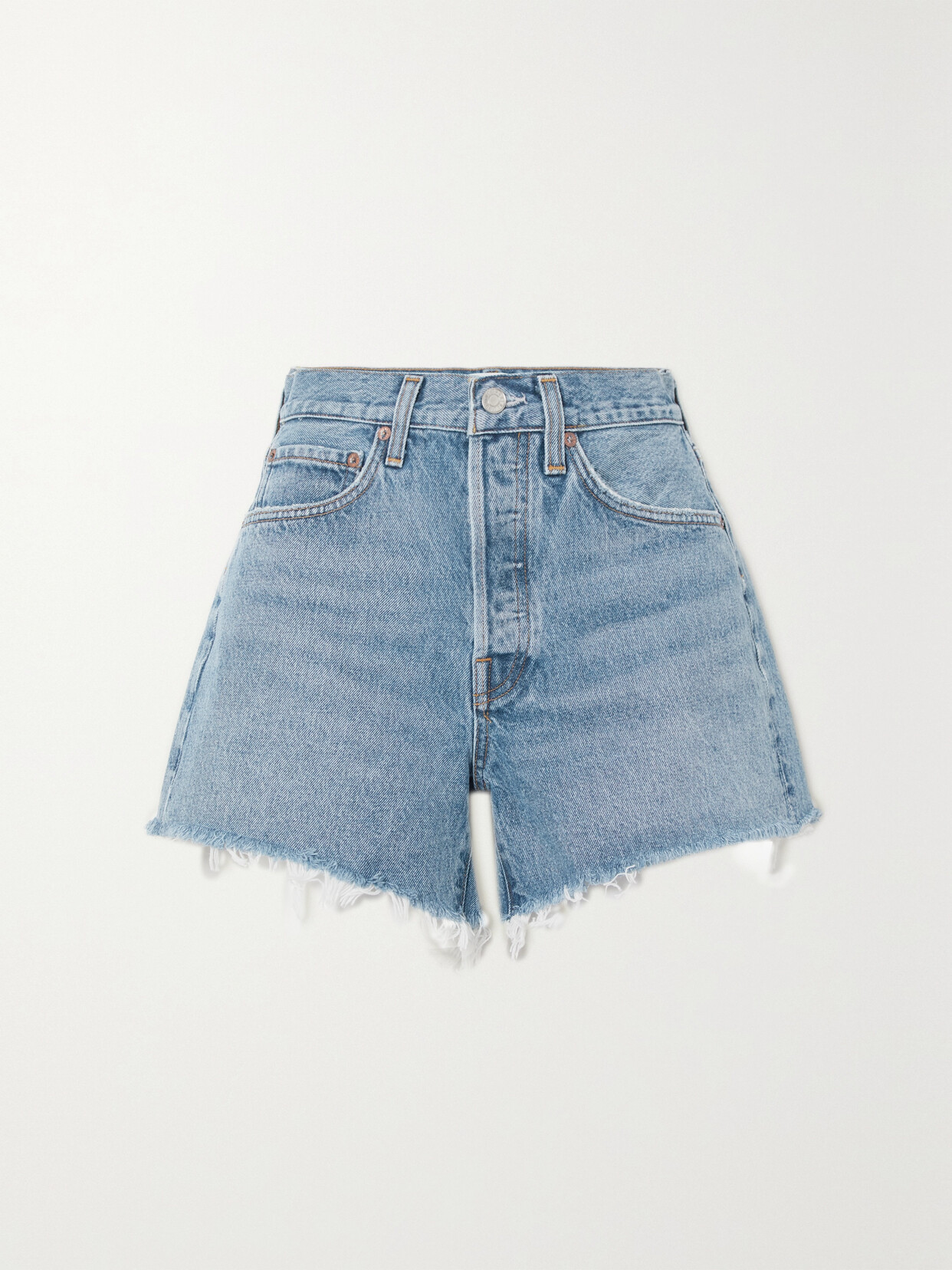 Agolde Parker Long Distressed Denim Shorts In Blue