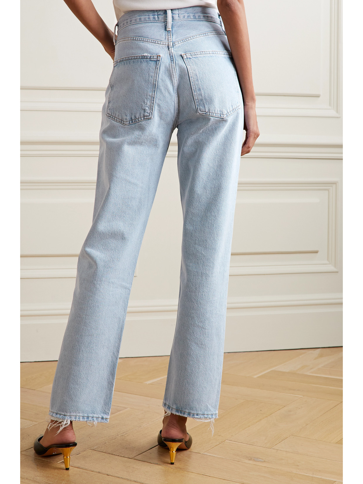 Agolde 90's Pinch Waist Long Frayed High-rise Straight-leg Jeans In Blue