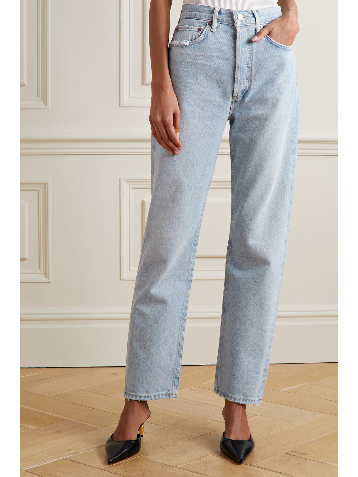 Agolde 90's Pinch Waist Long Frayed High-rise Straight-leg Jeans In Blue
