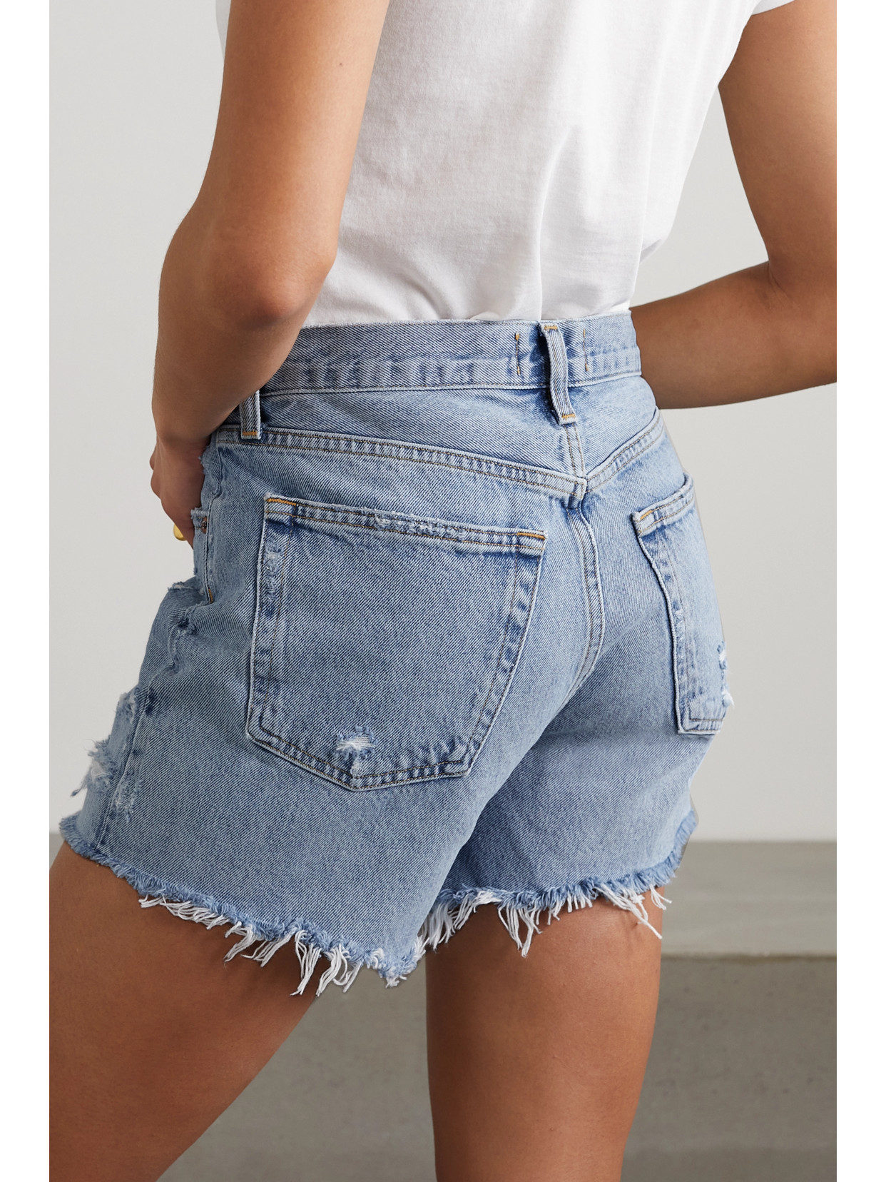 Shop Agolde Parker Long Distressed Organic Denim Shorts In Blue