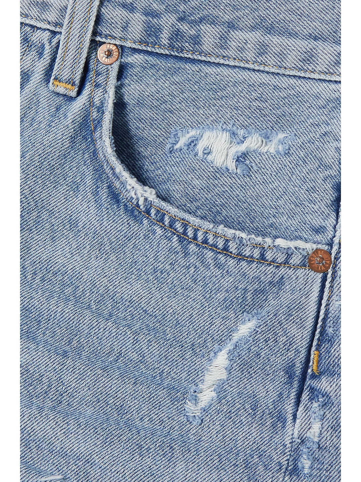 Shop Agolde Parker Long Distressed Organic Denim Shorts In Blue