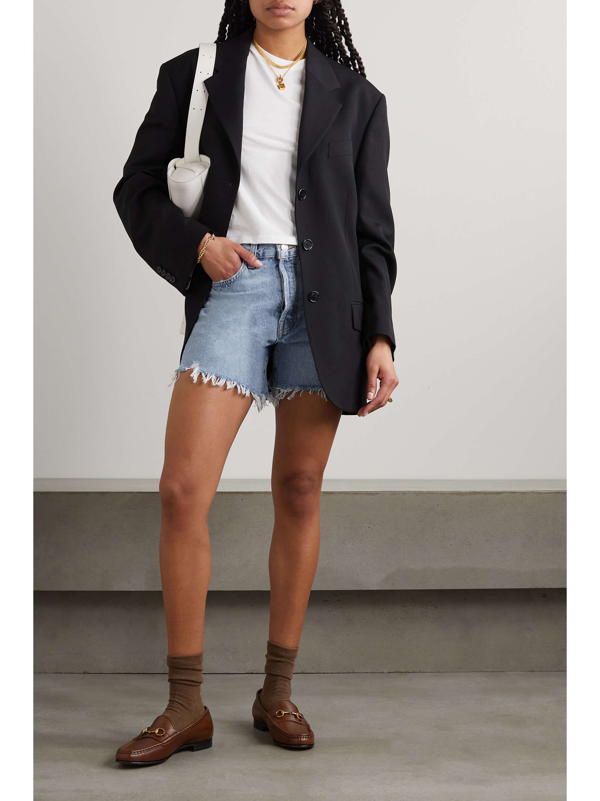 AGOLDE Long Parker distressed organic denim shorts