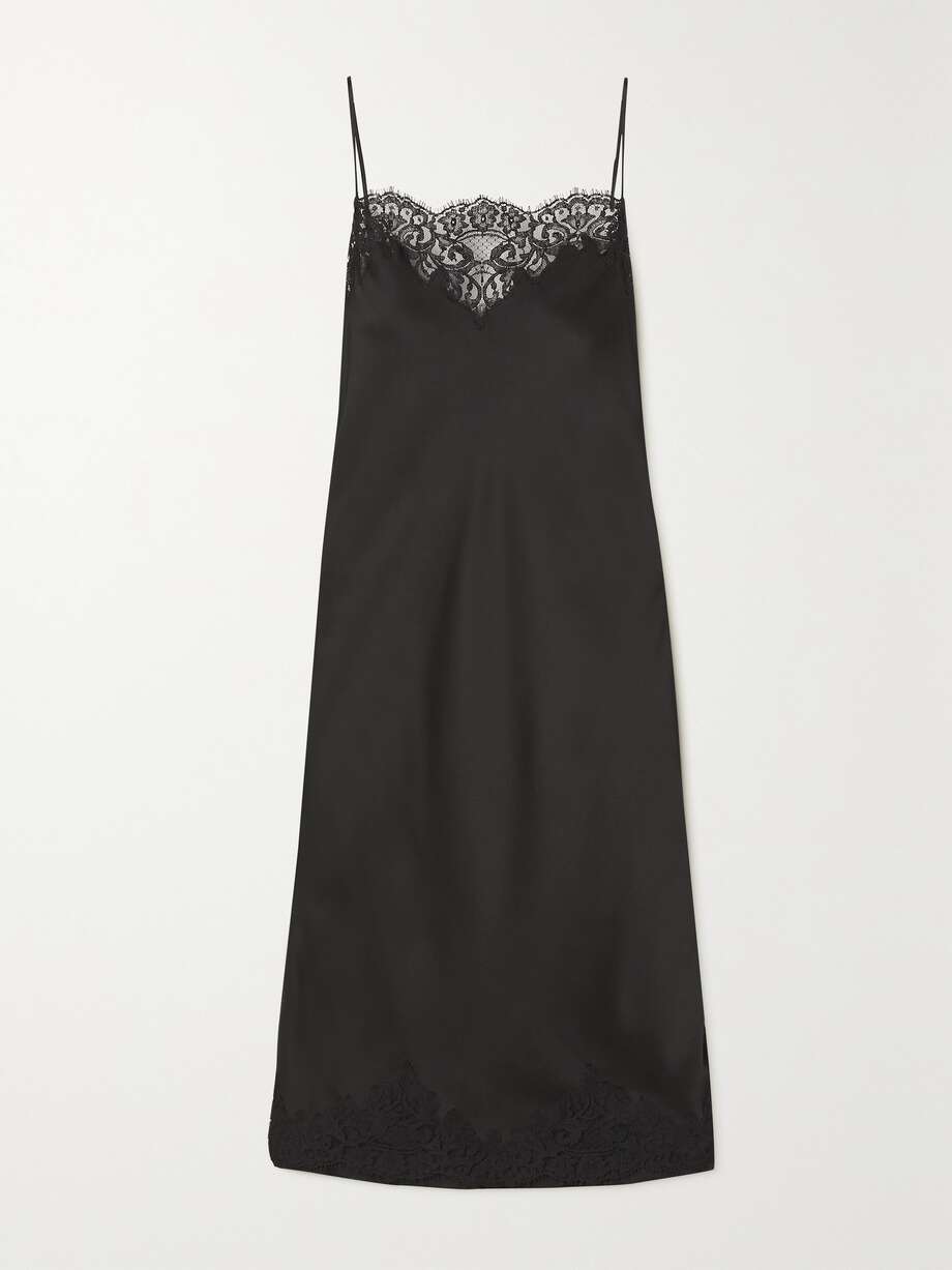 + net sustain lace-trimmed satin midi dress