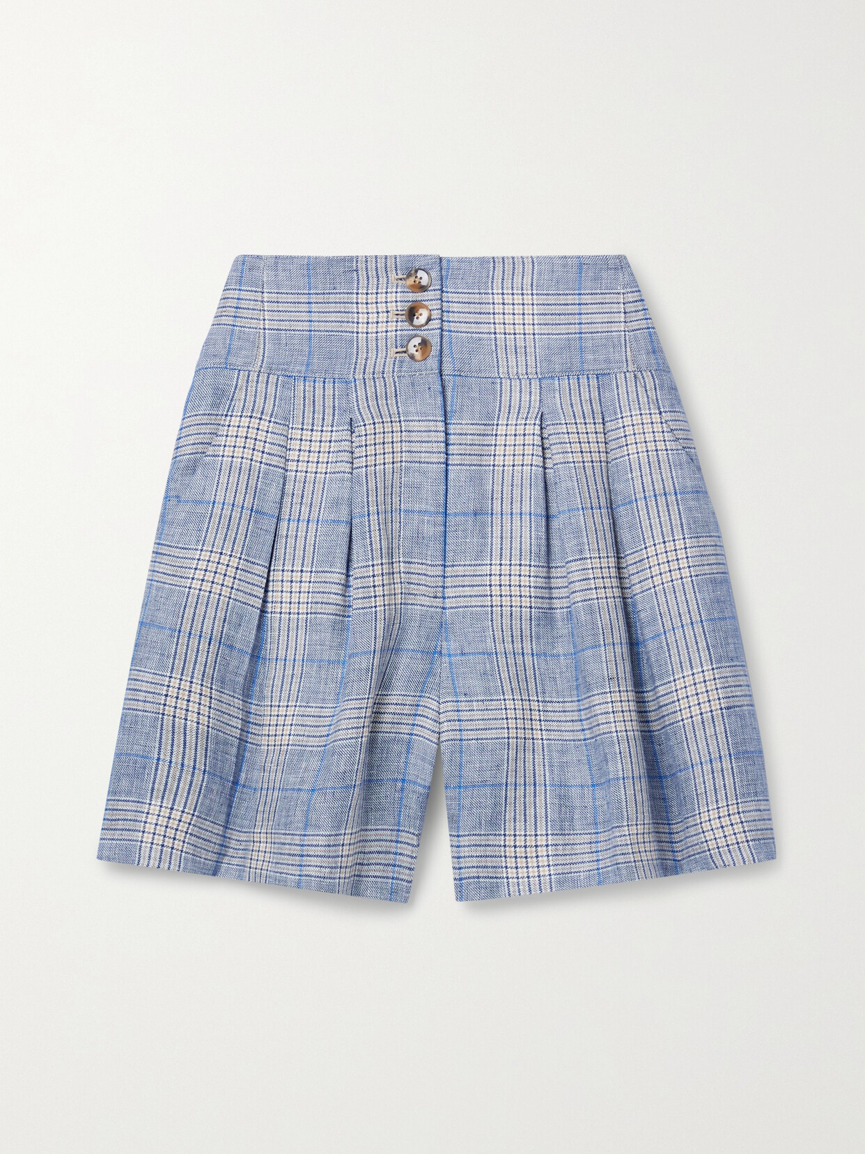 Veronica Beard Alicia Pleated Checked Linen Shorts - Blue