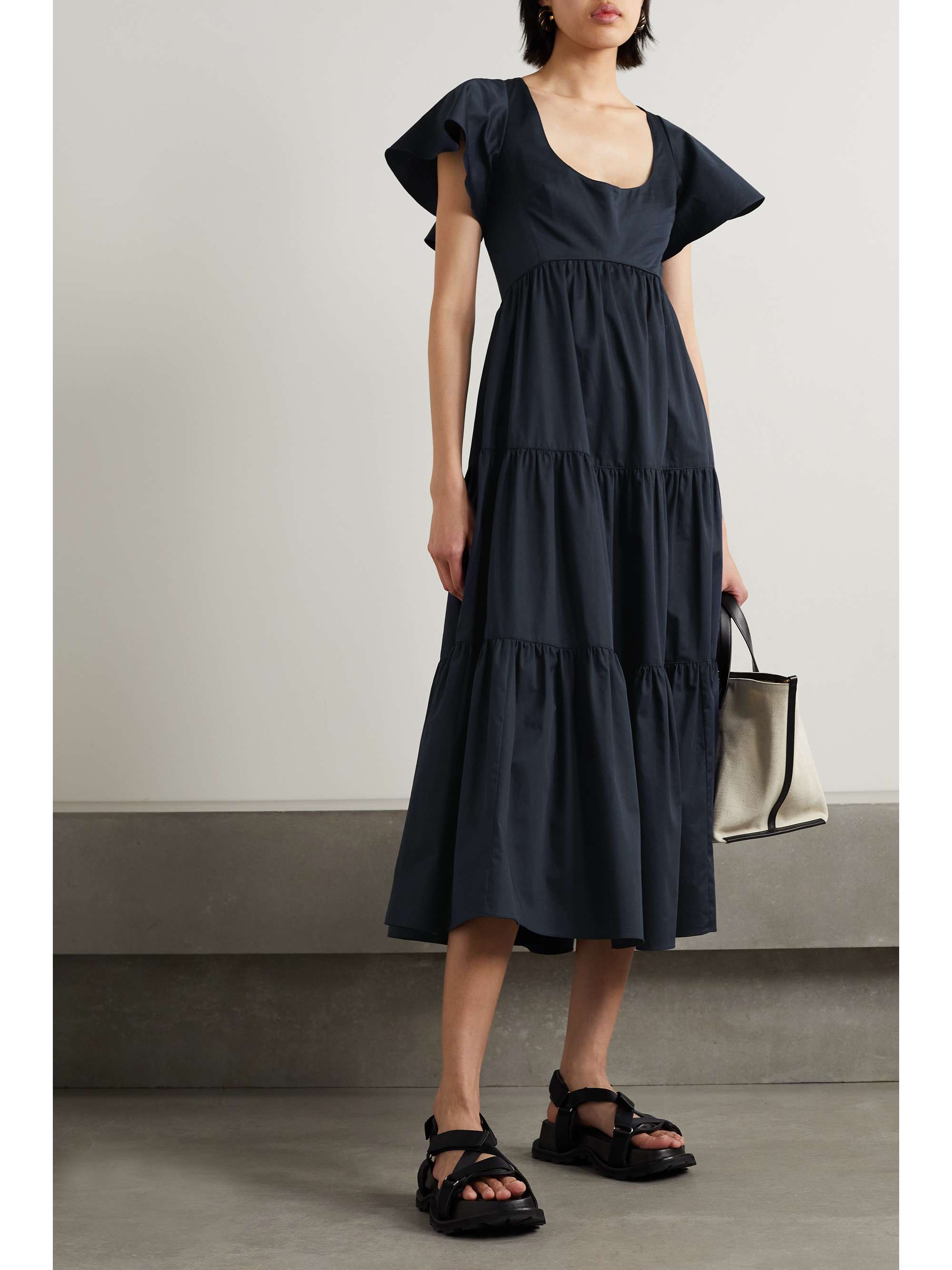 LA LIGNE Tiered lace-up cotton-poplin midi dress | NET-A-PORTER