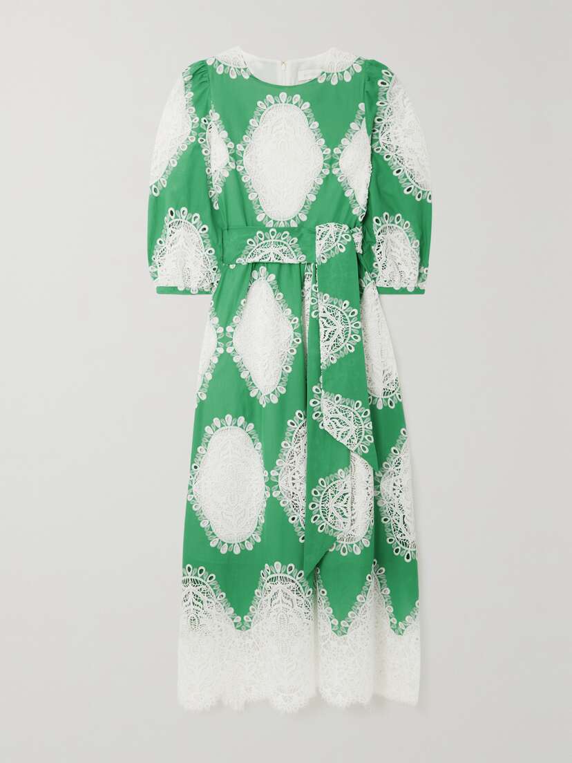 Borgo de Nor Constance Belted Broderie Anglaise-trimmed Woven Midi Dress
