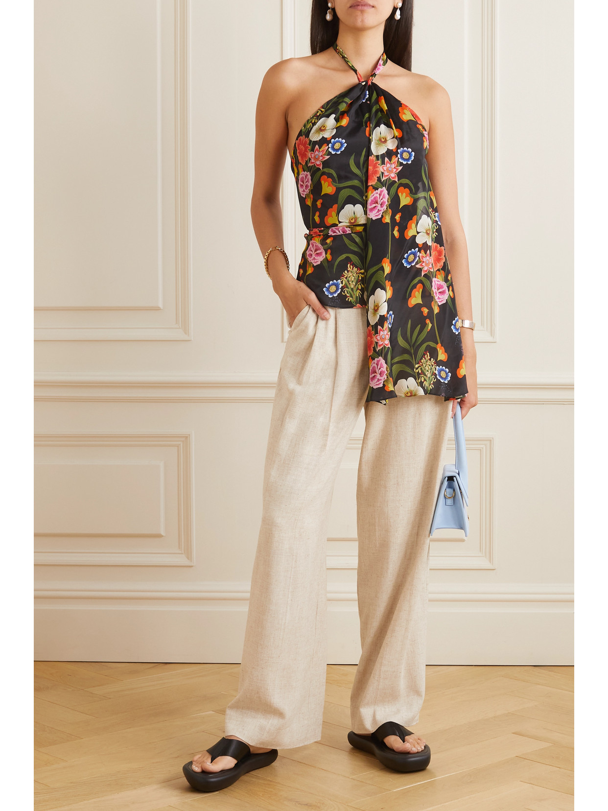 Borgo De Nor Amaris Floral-print Twill Halterneck Top In Black
