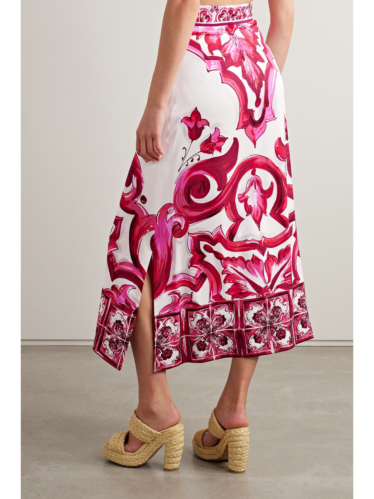 Shop Dolce & Gabbana Printed Silk-blend Crepe De Chine Midi Skirt In Pink