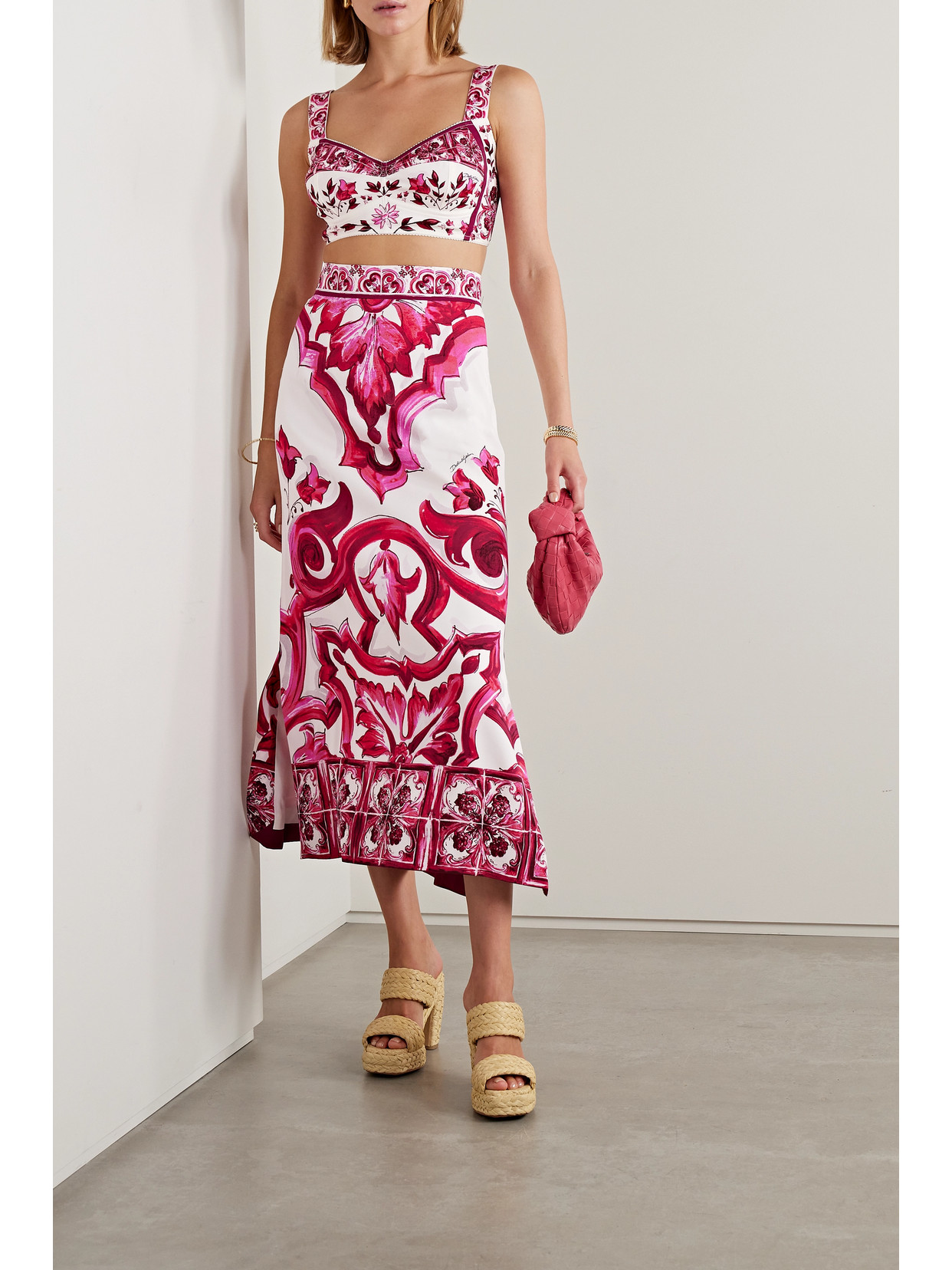 Shop Dolce & Gabbana Printed Silk-blend Crepe De Chine Midi Skirt In Pink